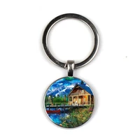 painting country house painting fashion keychain handmade 25mm round glass pendant fashion keychain