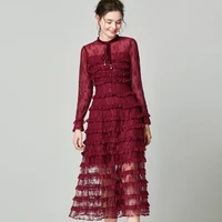 vintage lace mesh layered dress dark green ruffles midi dresses flare sleeve bow high waist burgundy red elegant autumn ddlg za