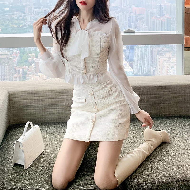 2021 Spring Ladies Temperament Small Fragrance Fashion Suit New Womens Lace Bow Tie Blouse Short Skirt Two-Pieces