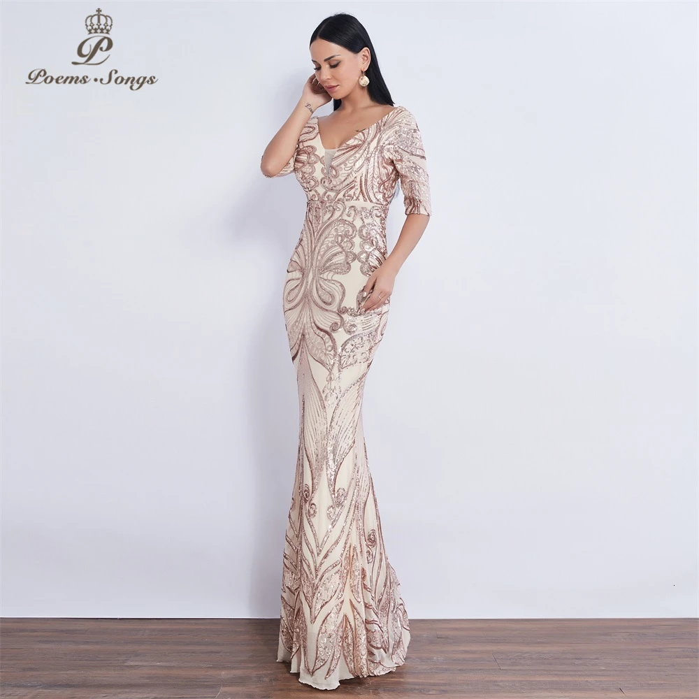 Half sleeve Butterfly style Sequin Evening dress vestido de festa formal mermaid vestido de noche robe de soiree prom dress