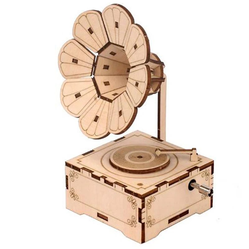 

1 Set Creative DIY Hand Cranked Wood Phonograph Ramophone Music Box 3D Wooden Puzzles Handmade Assembled Children's Gifts