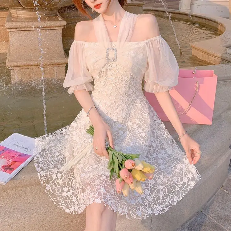 

Strapless Halter Dress Summer Women's White Dress Bowknot Lace Mesh Fashion Sun Dress 2021 Chic Women's Dress