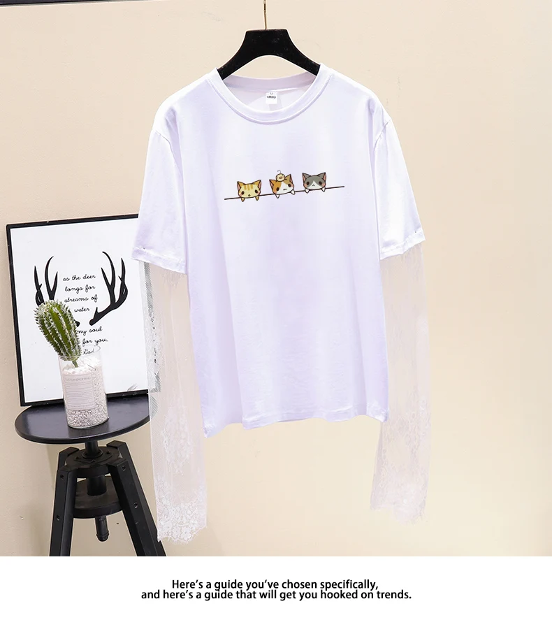 

T-Shirt Female Summer O-Neck Patchwork Lace Mesh Long Sleeve Shirt 2021 New Arrival Ladies Casual Cartoon Cat Top
