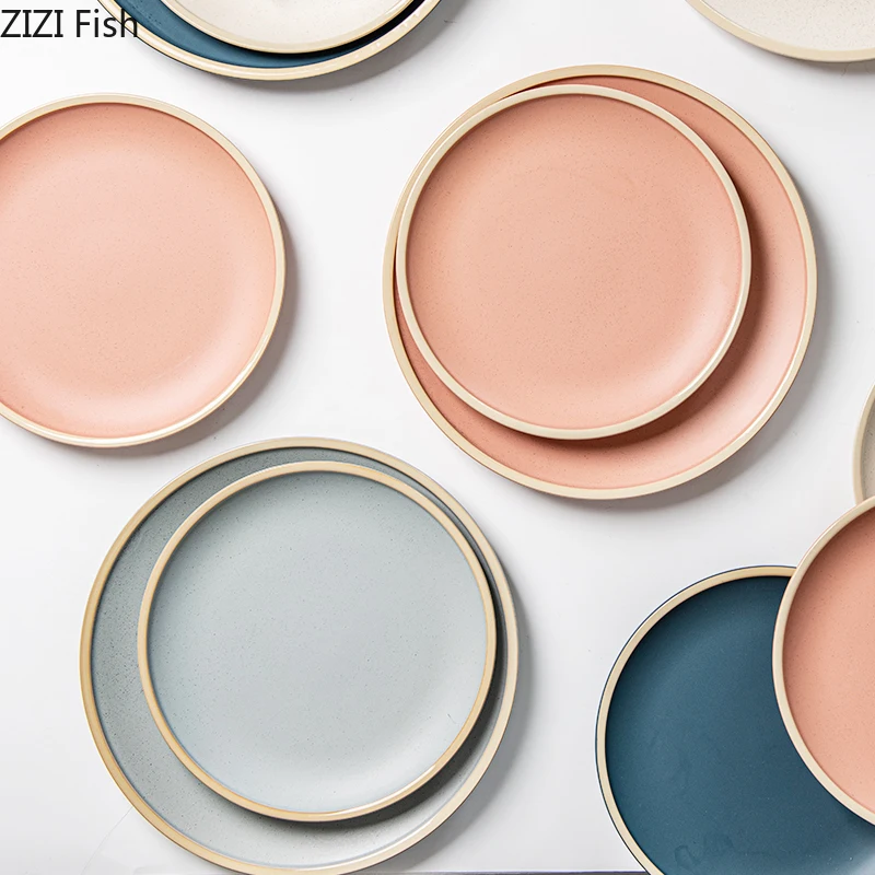 Круглая керамическая тарелка для стейка в Корейском стиле однотонная Западной