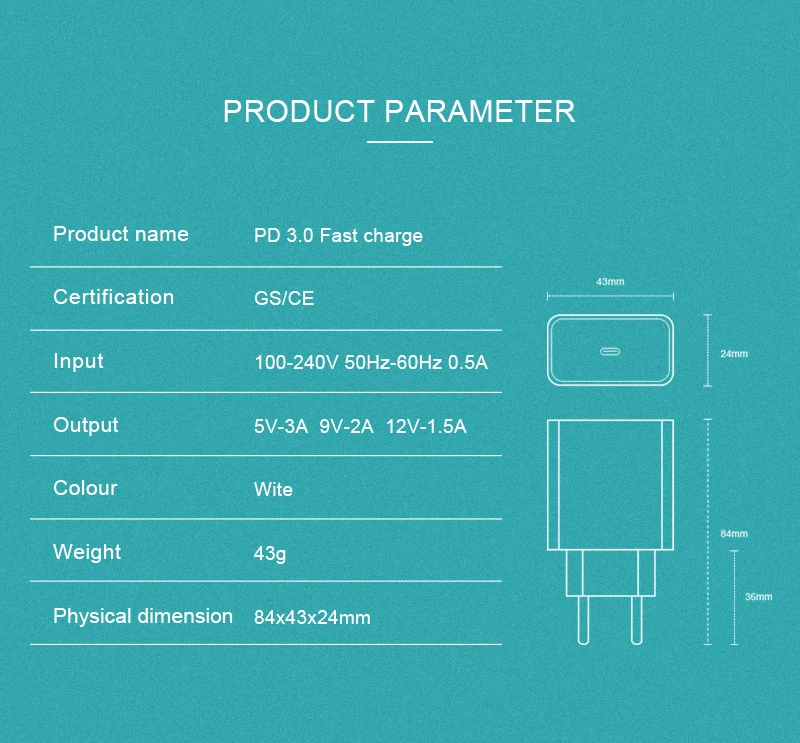 Зарядное устройство VOXLINK PD Fast USB Type-c 18W QC3.0 с кабелем USB-C на 8pin для iPhone x xs xr Xiaomi Samsung Huawei on.