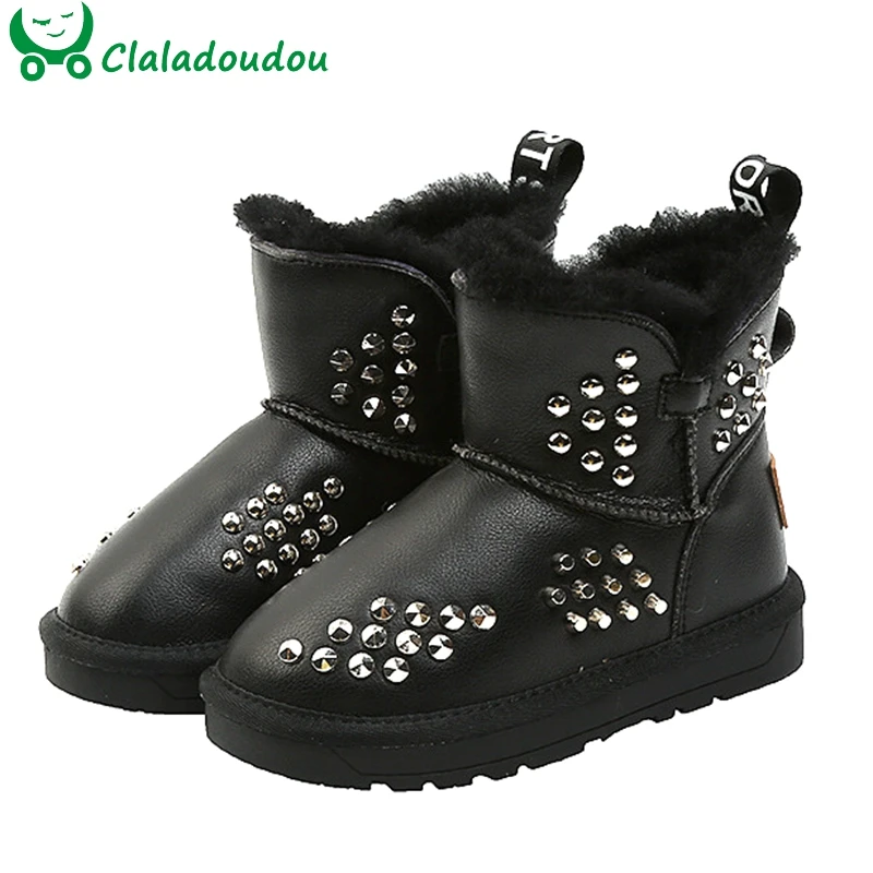 Ботильоны детские из ПУ кожи с заклепками на плюшевой подкладке без шнуровки