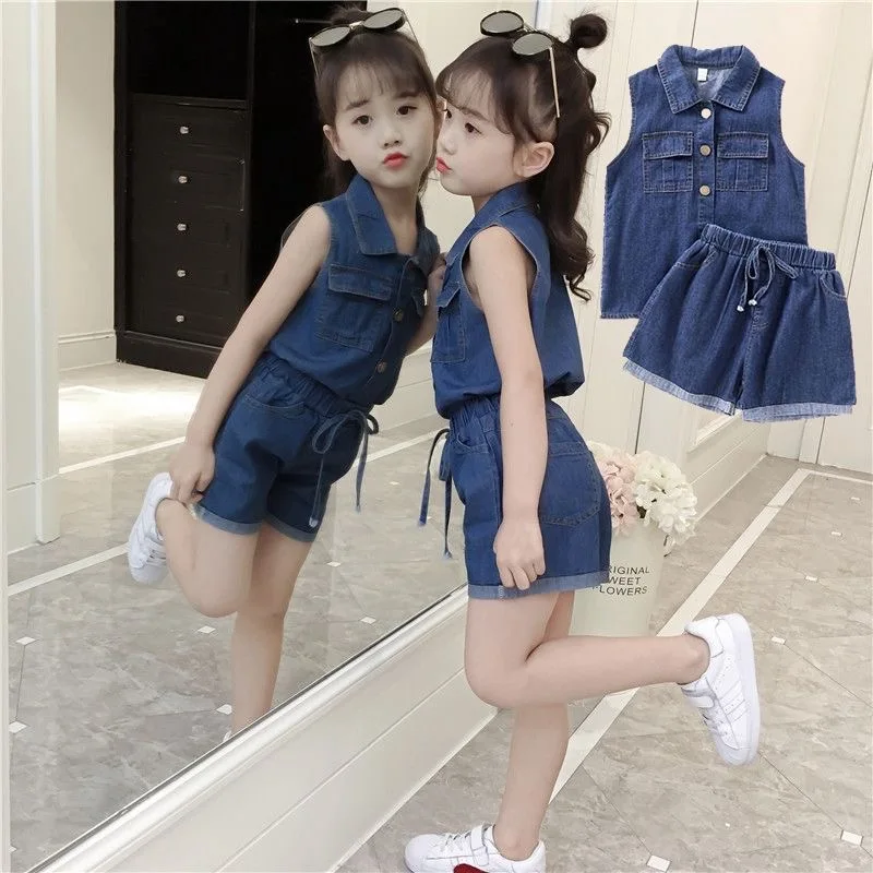 

Girls' Suits New Fashion Children's Clothes Denim Tops + Shorts Two-piece Thin Styles Breathable Comfortable Casual Sets