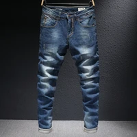 european vintage fashion men jeans retro dark blue elastic slim fit ripped jeans men korean style street designer denim pants