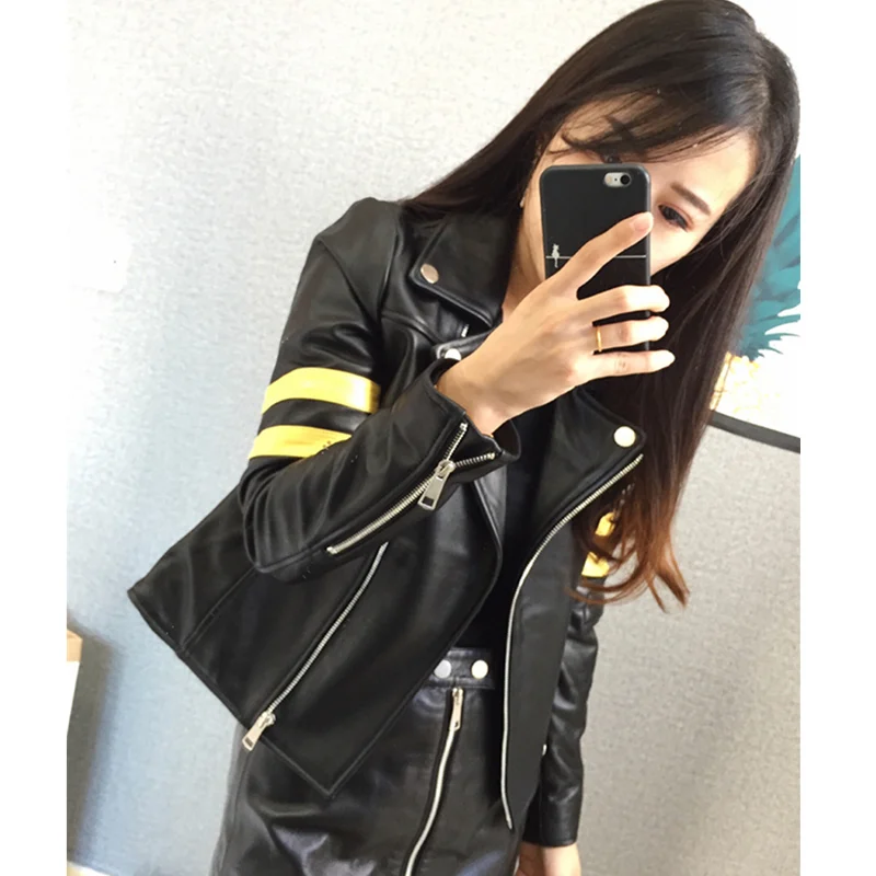 New Quality Autumn High Female Genuine Leather Jacket Short Coat Star Same Paragraph Sheepskin Women Motorcycle Biker YR692 | Женская