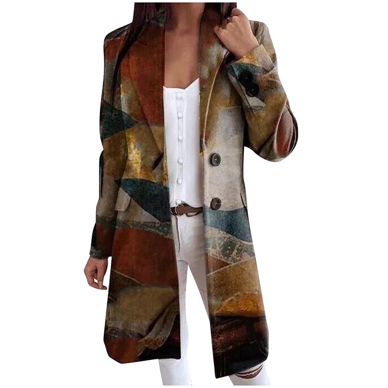 

Long Coat Woolen Jacket Women Wool Blend Warm Jacket Autumn Winter Fashion Print Overcoat Buttoned Mid-length Turn-down Collar