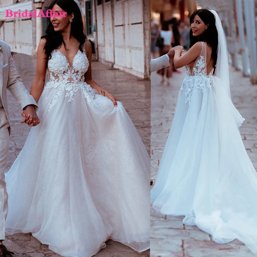 

BridalAffair Sheer Spaghetti Straps Sexy A-Line Wedding Dresses Elegant Backless Bridal Gowns robes de mariee