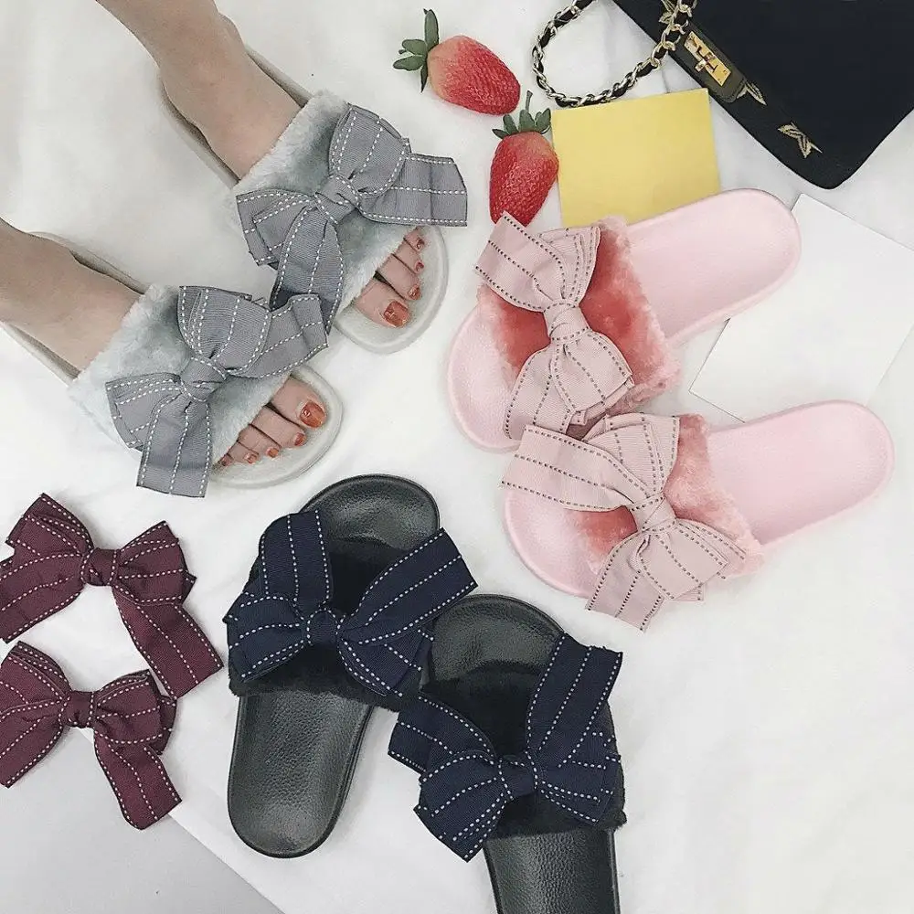 

Сланцы женские из искусственного меха, меховые шлепанцы с бантом, домашние зимние тапочки, плоская подошва, тапочки, размеры 40