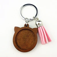 jiangzimei 24pcs new design brown cats 25mm wood cabochon stainless steel keychain log color blank wooden pendant with tassels