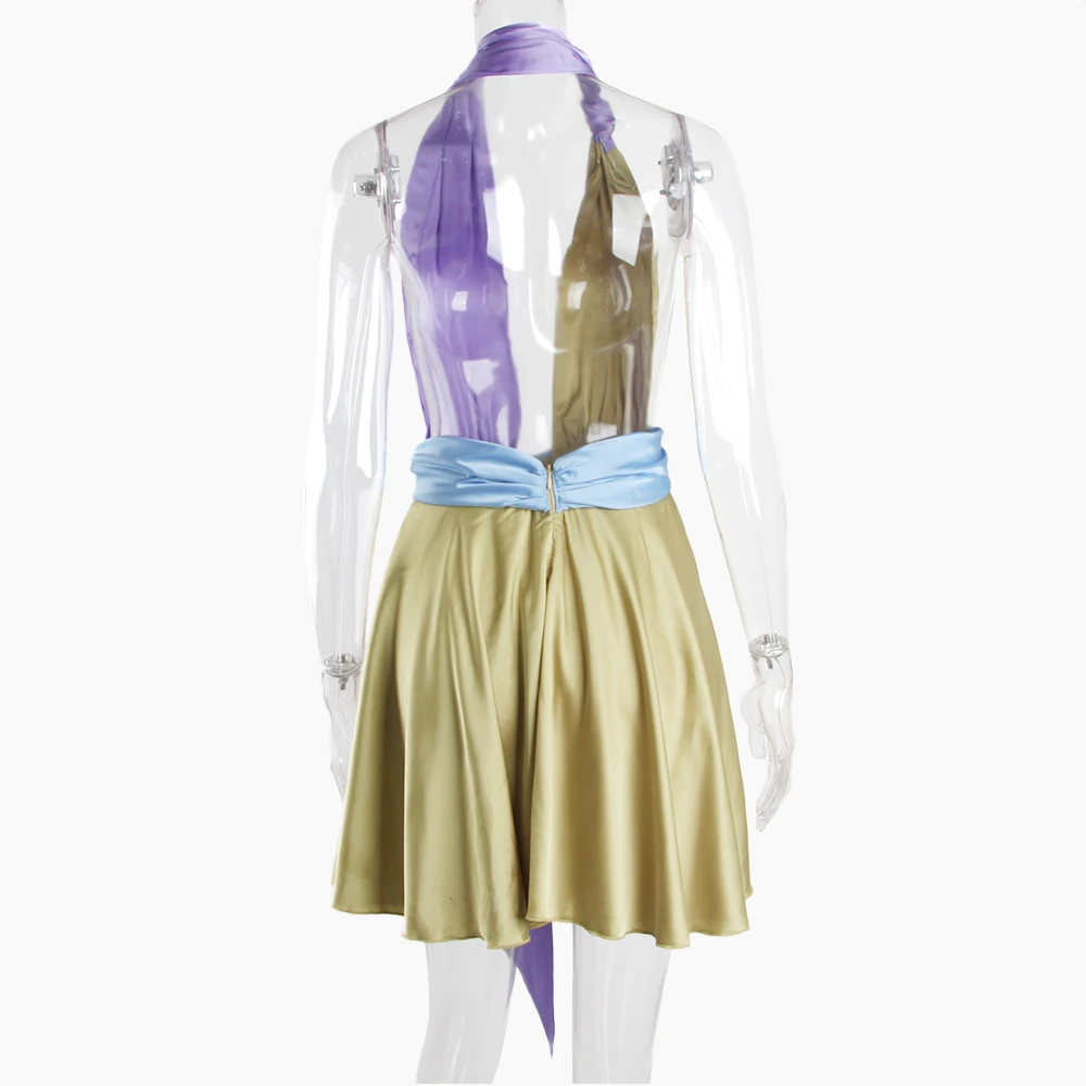 

Women Satin Halter Mini Dress 2021 Summer Multi Color Draped Backless Club Party Dress Deep V-neck Birthday Outfit