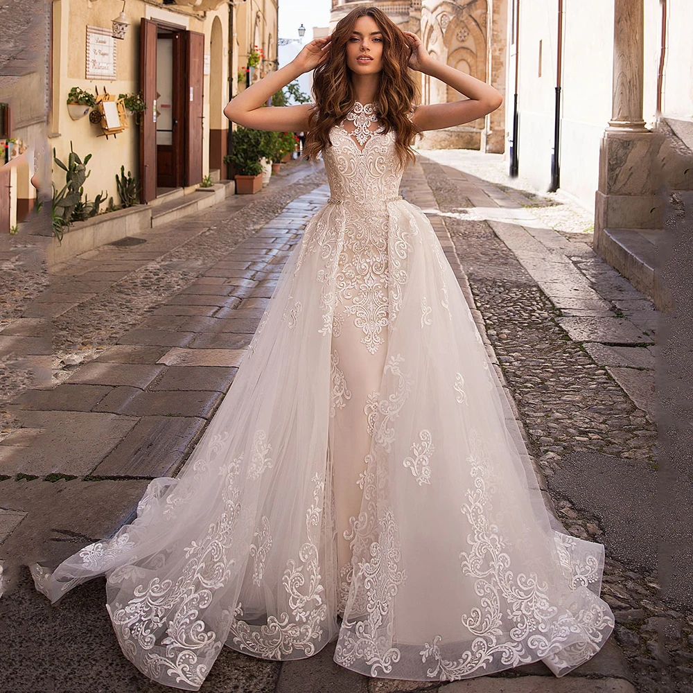 

Detachable Train Illusion Back Mermaid Wedding Dress Court Train Appliques O-Neck Cap Sleeves Vestido De Novia Bridal Gown