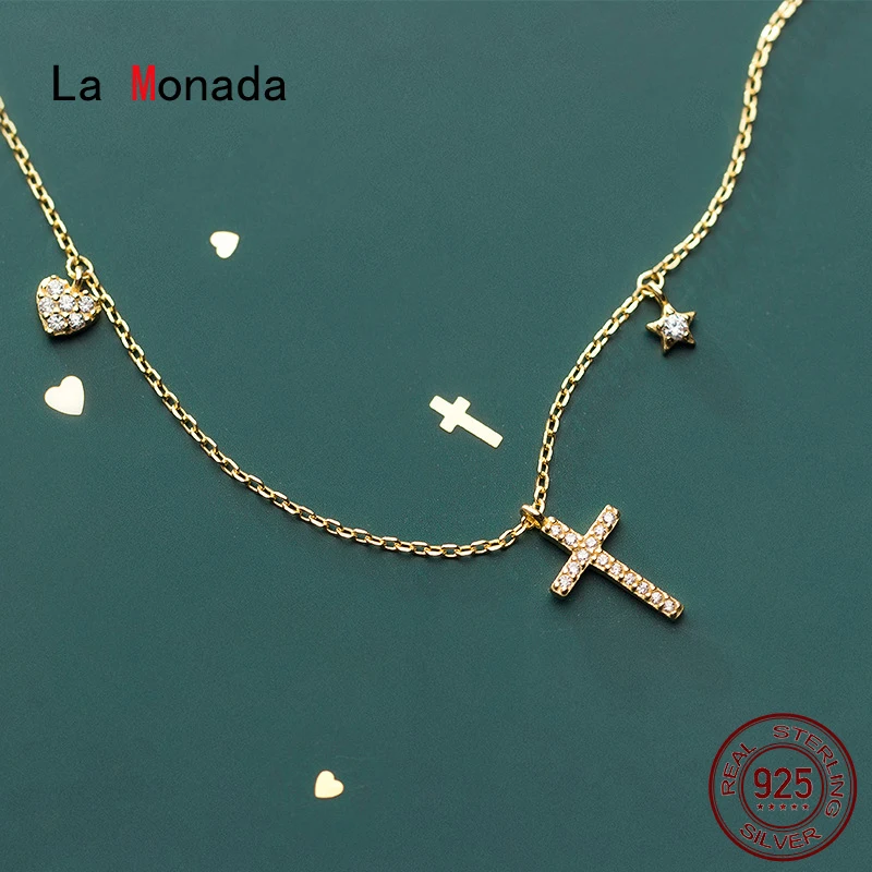 

La Monada Women's Necklace 925 Silver Chains Woman On Neck Corss Star Heart Pendant Fine Jewelry For Women Necklace Silver Girls