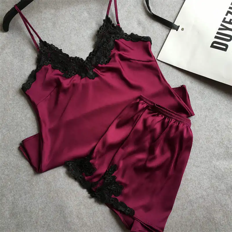Wine Red Пижама женская pijama матовый Пижамный набор из шелка Высококачественная Сексуальная имитация шелка короткая Пижама - Цвет: Wine Red