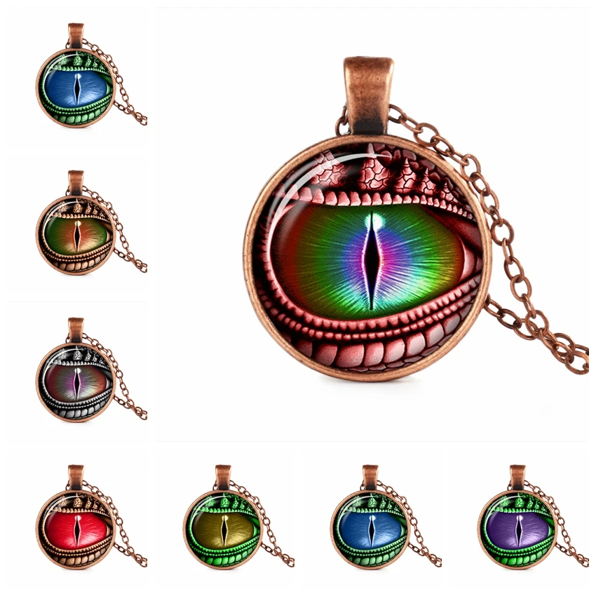 Ожерелье с драконом сглаза стекло кабошон античная латунь подвеска цепь