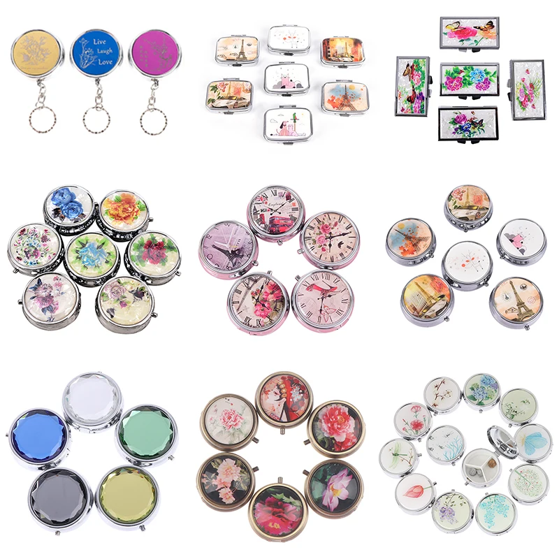 

1PCS Medicine Organizer Portable Pill Box Makeup Storage Container Folding Pill Case Metal Pill Keychain Multi Styles