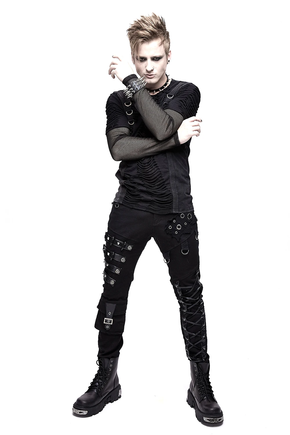 

Punk Pants Men's Steampunk Variegated Striped Pants Gothic Metal Adjustment Button Mid-low Waist Men's Straight Pants