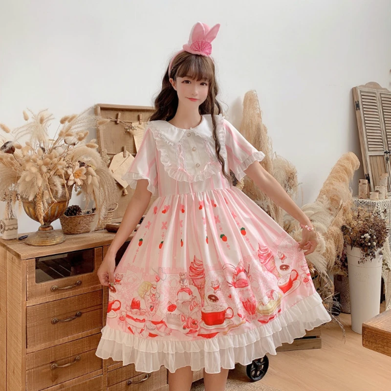 

student lolita soft sister Japanese dress cute girl heart doll collar op short sleeve High waist dress gothic lolita dress