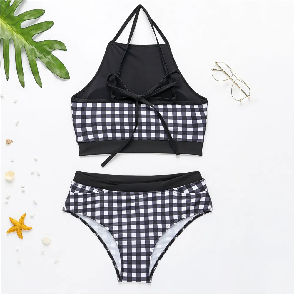 Сексуальное бикини с высокой талией и цветочным принтом купальник лямкой на шее