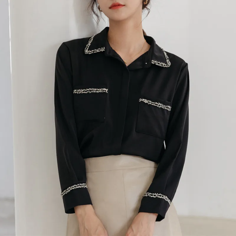 

2021 Fall Patchwork Blouses For Women Turn-Down Collar Long Sleeve Chiffon Shirts Fashion Loose Female Black Tops 9322
