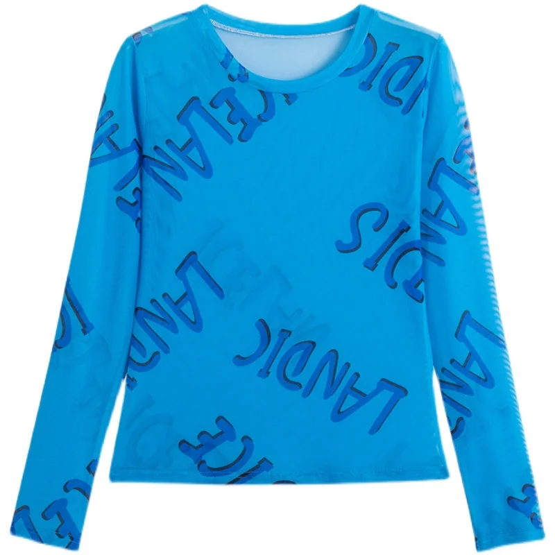 

2021 New Fashion Summer Mesh Letter Printed Oversized T-shirt Blue Green Sexy Slim Woman T-shirts Long Sleeve Tee Tops