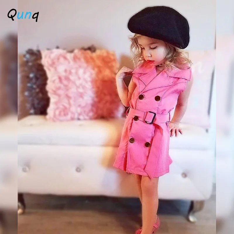 

Qunq Girls Dress with Sashes Pink Sleeveless Turn-down Collar Kids Dresses for Girl Summer Casual Baby Toddler Children Clothing