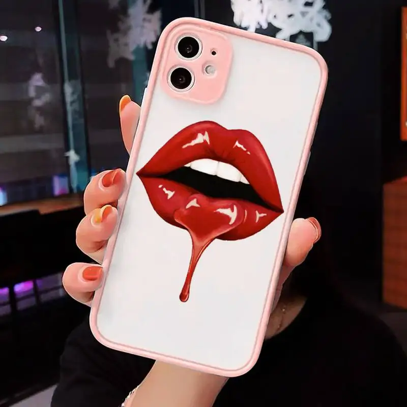 

Sexy lady make up Pink Red lips rolling Phone Cases matte transparent For iphone 7 8 11 12 plus mini x xs xr pro max cover