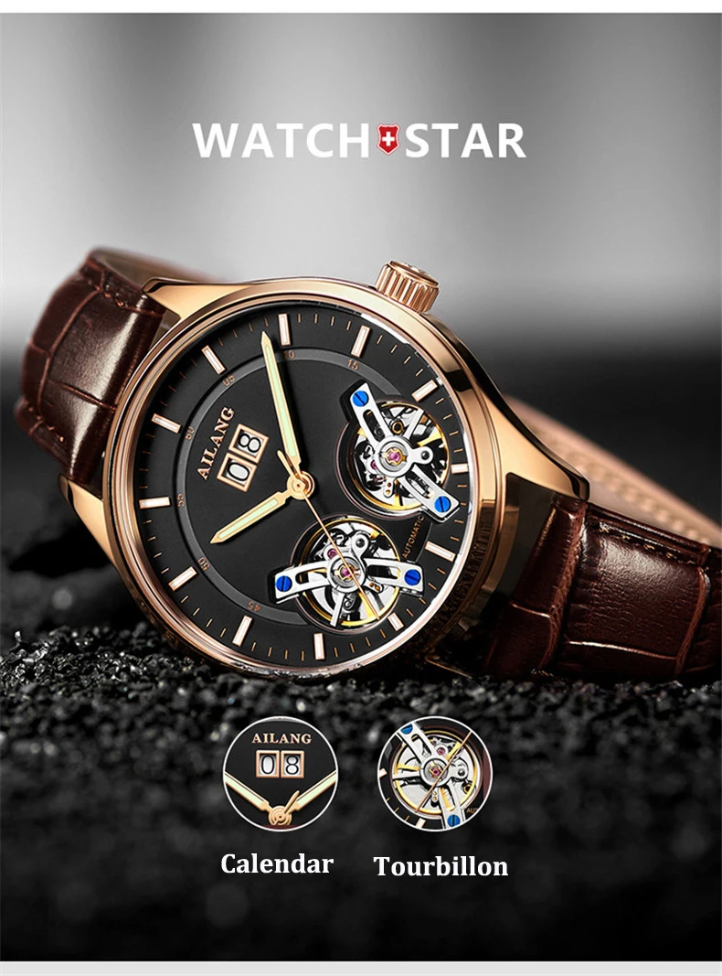 AILANG Лидирующий бренд Роскошные водонепроницаемые спортивные двойные Tourbillon Мужские часы Военные автоматические механические часы мужские часы с календарем