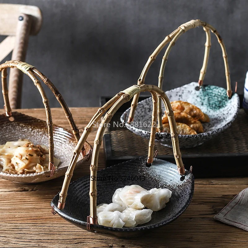 

Creative Japanese ceramic plate sushi shop hotel tableware set plates portable bamboo hanging plate fruit basket dinner plates