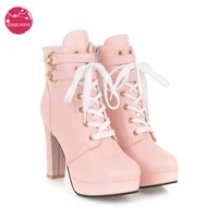 pink white black jk uniform womens chunky platform ankle boots lolita super high heel lace up boots sweet lace side zipper shoes
