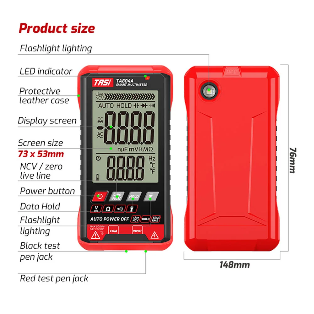 

TASI TA804AB Digital Multimeter Ultrathin Intelligent OHM NCV Voltage Meter Auto Tester Multimeter Auto and Manual Dual Mode
