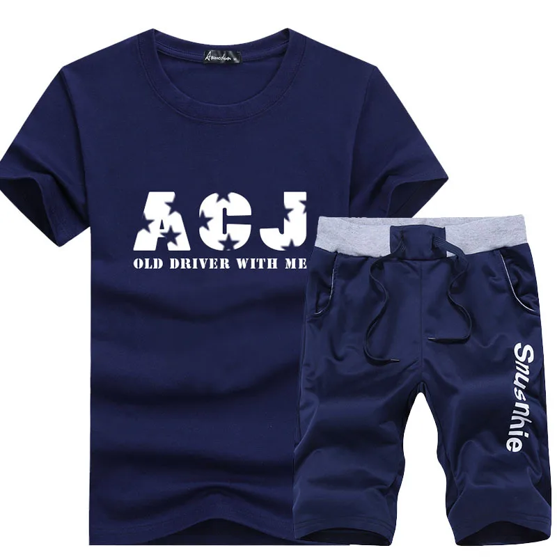 

summer fashion 2 Pc Casual Letter Printed Slim Round Collar Drawstring T-shirt Base Shirt Men's Clothing Sets Pants Male