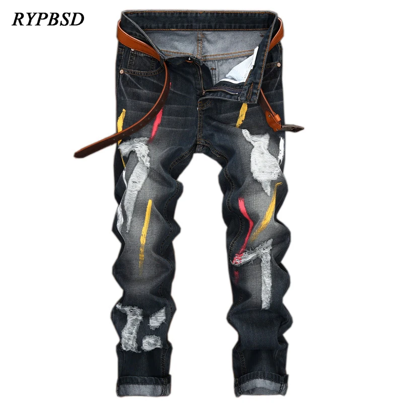 Men Jeans Pants 2021 Fashion Brand Graffiti Harajuku Vintage Hip Hop Denim Pants Skinny Straight Distressed Men Ripped Jeans
