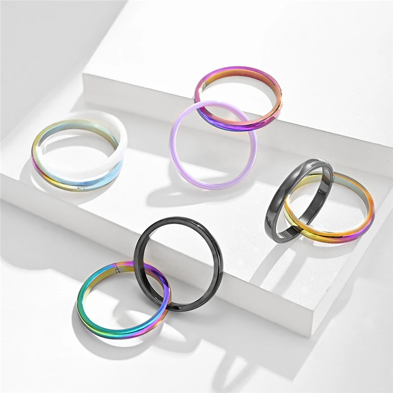 

Fashion White Color Ceramic Engagement Bands Classic Stainless Steel Jewelry Luxury Brand Double Round Wedding Rings for Women