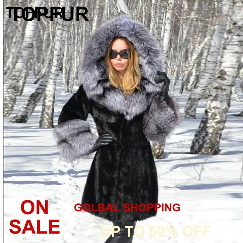 Женская Шуба с капюшоном из натурального меха лисы зимняя шуба норки теплая