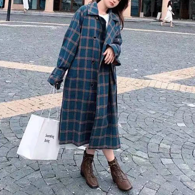

2021 Women Long Elegant Double Breasted Wool Plaid Coats Outerwear Winter Clothing Fashion Warm Blends Female Casual Windbreaker