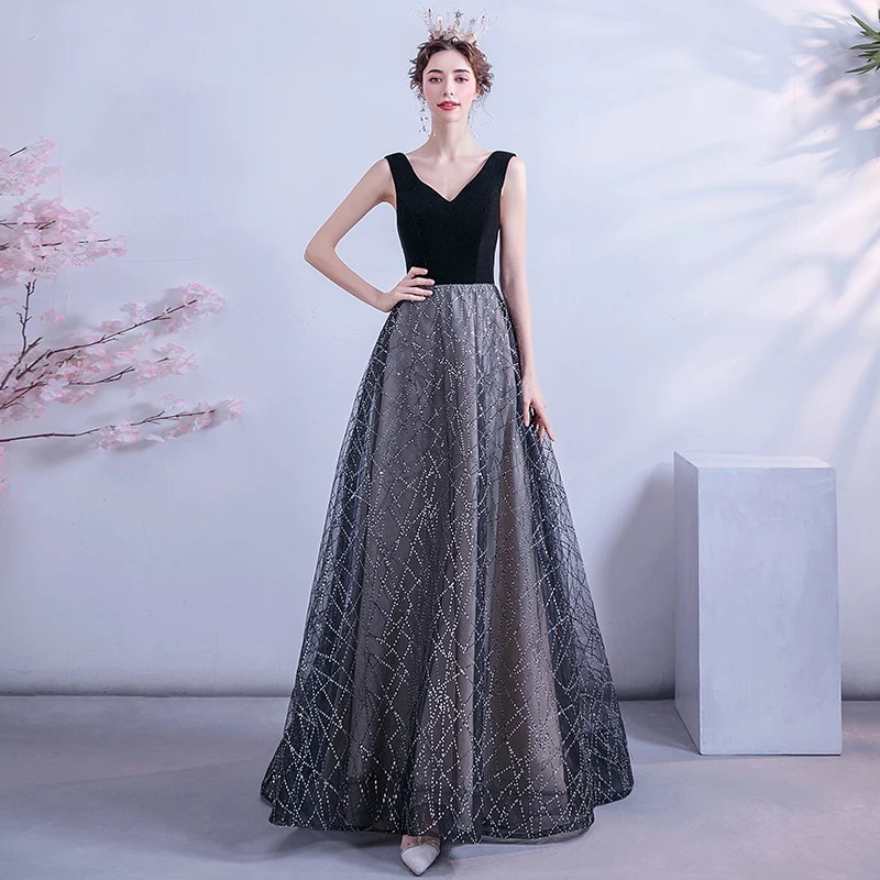 

2020 New Arrival Elegant V-neck Sequins Black Evening Dress 1086