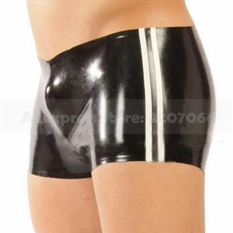 

Male Latex boy shorts rubber fetish party tight boxer underwear with side strips handmade RPM041