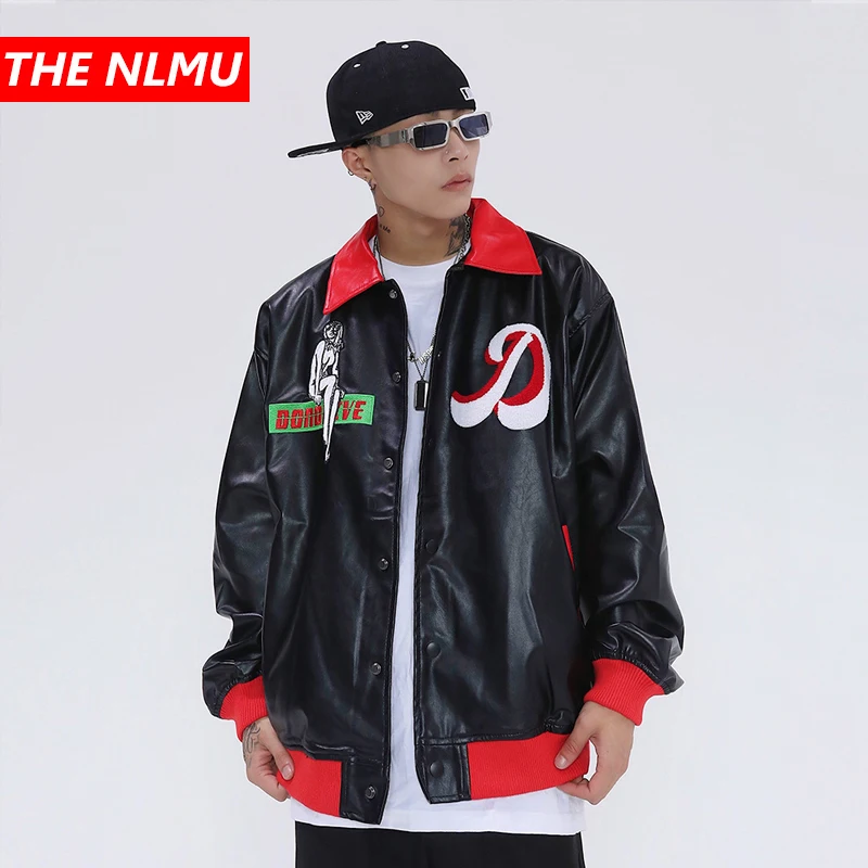

Бейсбольная куртка в стиле хип-хоп из искусственной кожи, Мужская Уличная одежда с вышитыми буквами, куртки-бомберы, Модные свободные куртк...