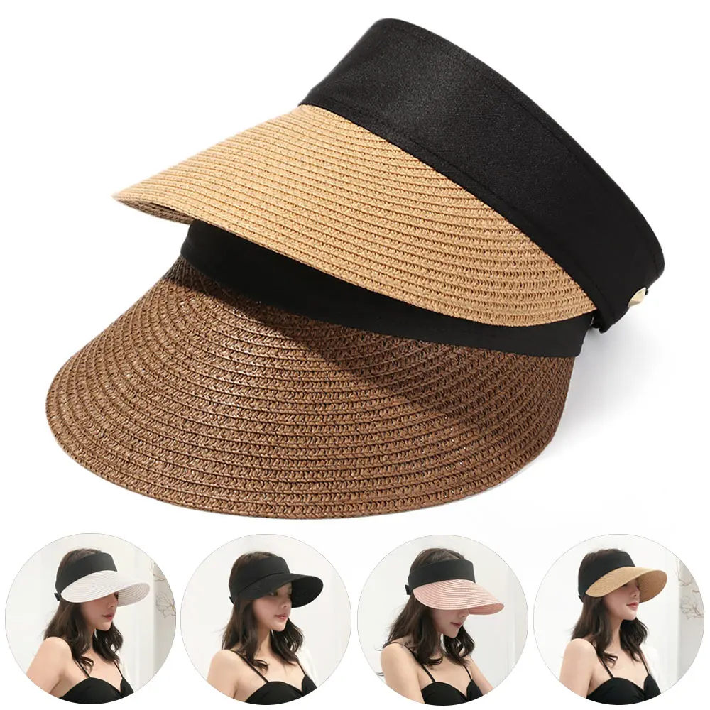 

Summer Empty Top Suncap Portable Foldable Magic Tape Roll-up Beach Hat Wide Brim Women Sun Hat Fashion Casual Straw Cap Visors