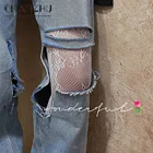 Женские рваные джинсы CHAOZHU, черные и белые жаккардовые колготки с цветочным принтом, весна-лето 2021