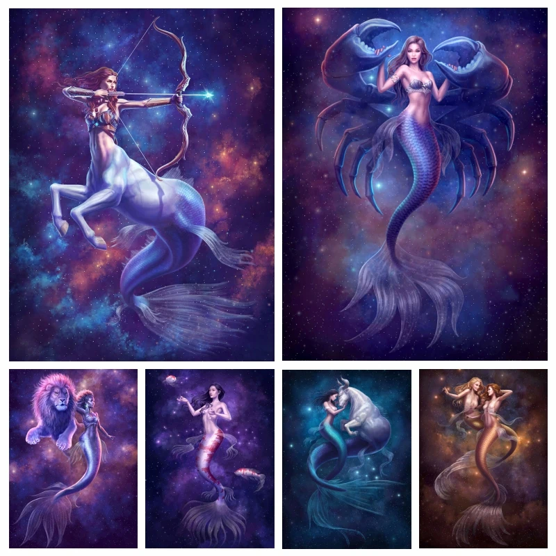 

Diy 5d Fantasy The Mermaid Zodiac Diamond Art Painting Animals Constellation Full Square Drills Mosaic Cross Stitch Home Decor