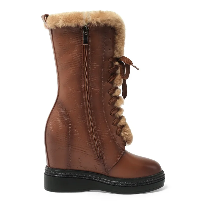 

ZVQ Winter New Fashion Snow Boots Outside Comfortable High Heels Platform cross-tied Genuine Leather Women Shoes Drop Shipping