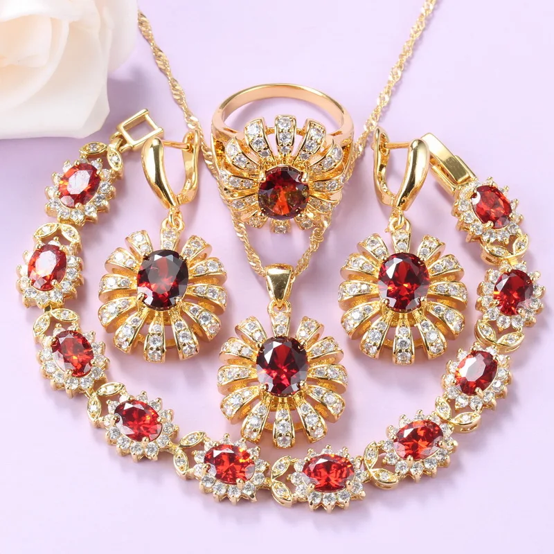 Classic Indian Red Jewelry Sets Gold-Color Bridal Wedding Accessories Necklace And Earrings Bracelet Ring Sets 7-Colors  Jewelry