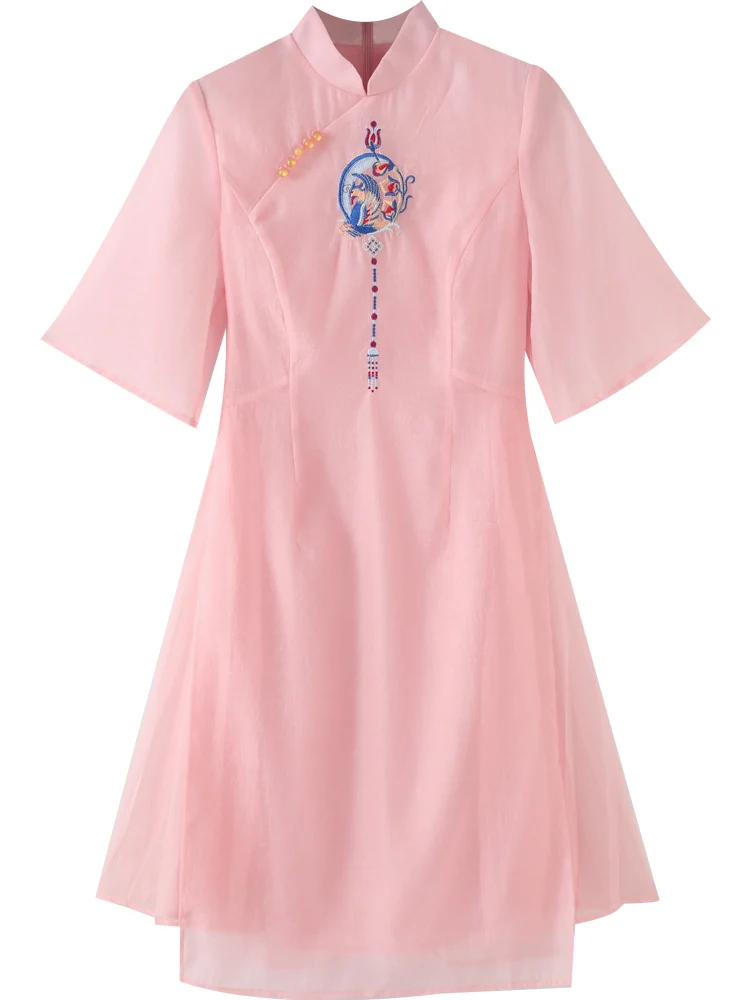 ТРАПЕЦИЕВИДНОЕ розовое летнее платье-Ципао с принтом современное платье аозай |