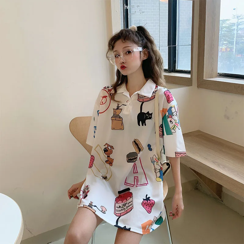 

2020 Summer Fashion Cartoon Print Dress Women Kawaii Loose Mini Dress Casual Short Sleeve Streetwear Lapel Sweety Dress Vestidos