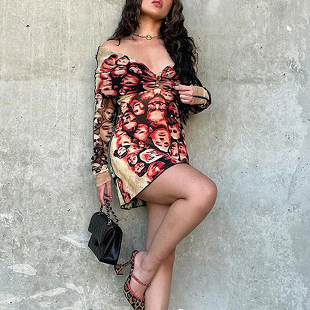 

Women Sexy Punk Style Wrapped Chest Printed Long-Sleeved Dress Low-Cut Partywear Artistic Personality Printed Popular Mini Dress
